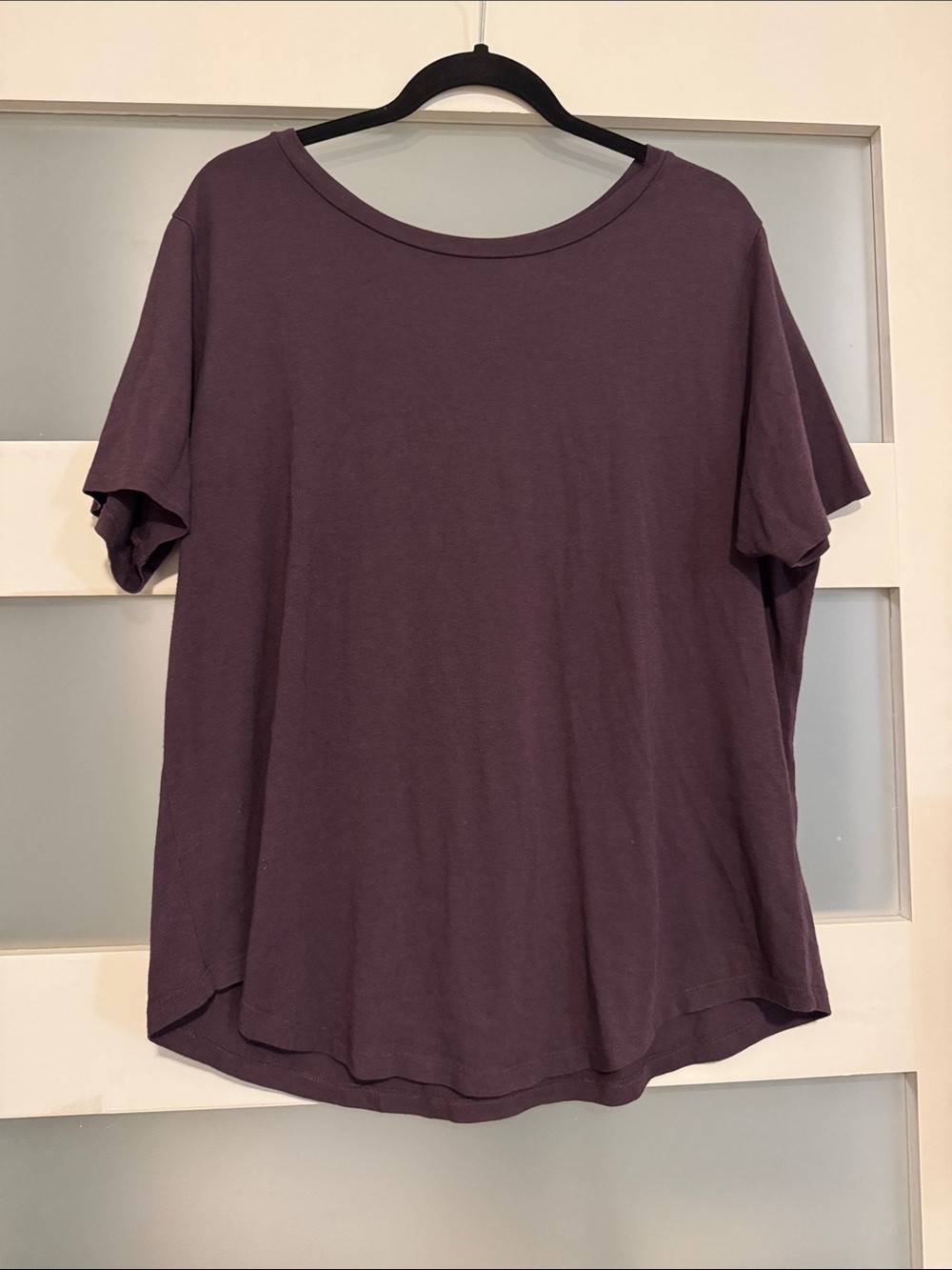 Universal Standard Short Sleeve Crew Neck Tee in Plum Light-As-Air Tee Rex